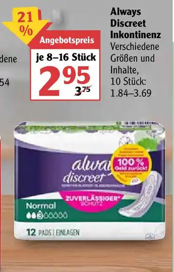 Globus Always Discreet Inkontinenz Normal oder Inkontinenz Long Angebot