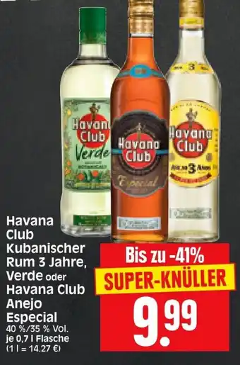 Edeka Herkules Havana Club Kubanischer Rum 3 Jahre, Verde oder Havana Club Anejo Especial 0,7L Angebot