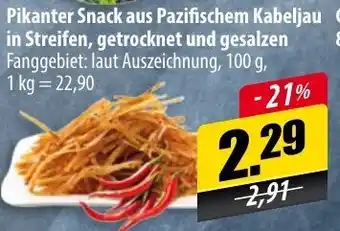 Mix Markt Pikanter Snack aus Pazifischem Kabeljau in Streifen, getrocknet und gesalzen 100g Angebot