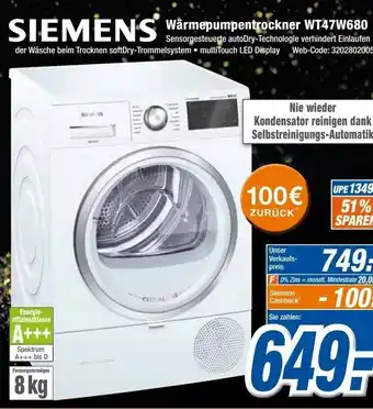 Expert Siemens Wärmepumpentrockner WT47W680 Angebot