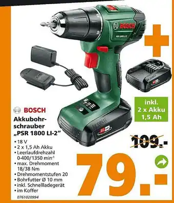 Globus Baumarkt Bosch Akkubohrschrauber Psr1800li-2 Angebot