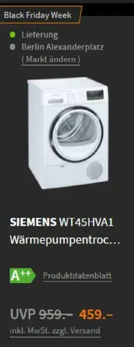 Saturn Siemens WT45HVA1 Wärmepumpentrockner Angebot