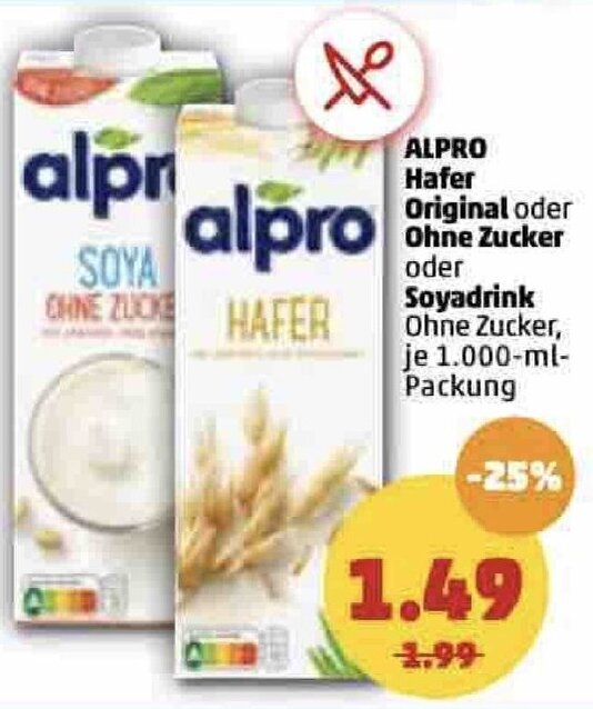 Alpro Hafer Original oder Ohne Zucker oder Soyadrink 1000ml Angebot bei PENNY