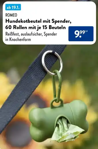 Aldi Nord ROMEO Hundekotbeutel mit Spender, 60 Rollen mit je 15 Beuteln Angebot