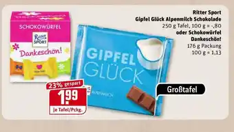 REWE Kaufpark Ritter Sport Gipfel Glück Alpenmilch Schokolade Oder Schokowürfel Dankeschön! Angebot