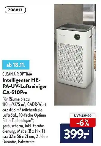 Aldi Nord Clean Air Optima Intelligenter He-pa-uv-luftreiniger Ca-510pro Angebot