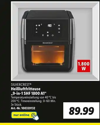Lidl Silvercrest Heißluftfritteuse „9-in-1 Shf 1800 A1” Angebot