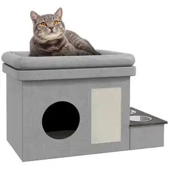 Netto Marken-Discount PawHut Katzenhaus mit Futternapf und Liegedach grau 78L x 48B x 49,5H cm Angebot