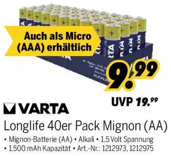 MEDIMAX VARTA Longlife 40er Pack Mignon (AA) Angebot