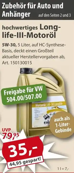 Sonderpreis Baumarkt hochwertiges Longlife-III-Motoröl Angebot