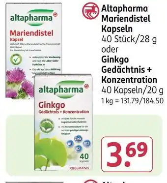 Rossmann Altapharma mariendistel kapseln oder ginkgo gedächtnis + konzentration Angebot