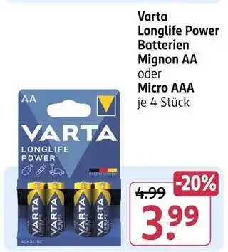 Rossmann Varta longlife power batterien mignon aa oder micro aaa Angebot