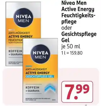 Rossmann Nivea men active energy feuchtigkeitspflege oder gesichtspflege gel Angebot