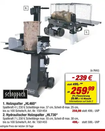 toom Baumarkt Scheppach holzspalter „hl460“ oder hydraulischer holzspalter „hl730“ Angebot