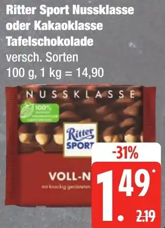 Edeka Frischemarkt Ritter Sport Nussklasse oder Kakaoklasse Tafelschokolade Angebot