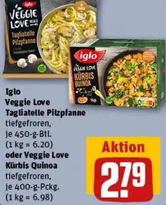 REWE Iglo Veggie Love Tagliatelle Pilzpfanne oder Veggie Love Kürbis Quinoa Angebot