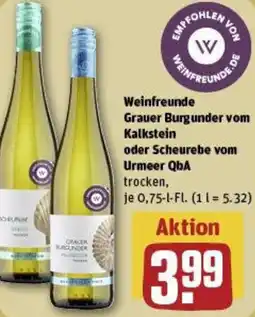 REWE Weinfreunde Grauer Burgunder vom Kalkstein oder Scheurebe vom Urmeer QbA Angebot