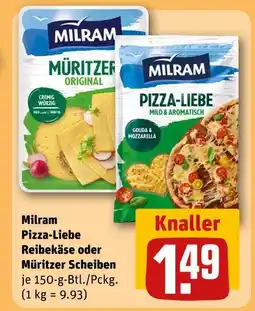 REWE Milram pizza-liebe reibekäse oder müritzer scheiben Angebot