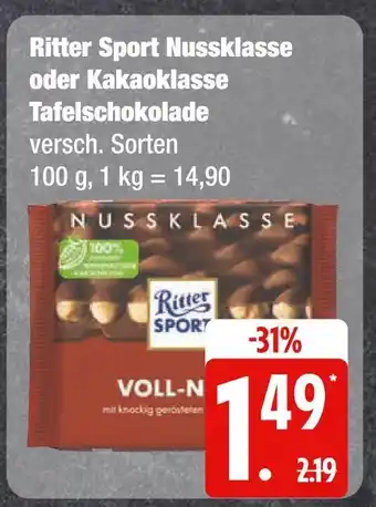 Edeka Ritter sport nussklasse oder kakaoklasse tafelschokolade Angebot