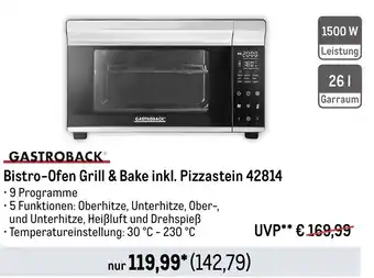 METRO GASTROBACK Bistro-Ofen Grill & Bake inkl. Pizzastein 42814 Angebot