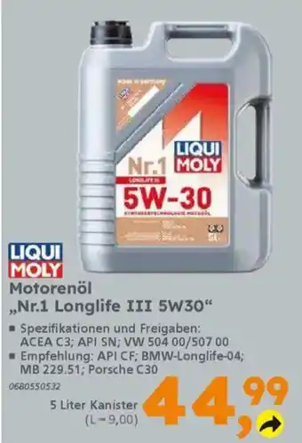 Globus Baumarkt LIQUI MOLY Motorenöl ,,Nr.1 Longlife III 5W30" Angebot