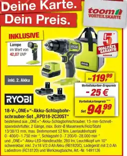 toom Baumarkt RYOBI 18-V-,,ONE+"-Akku-Schlagbohr- schrauber-Set,,RPD18-2C20ST" Angebot