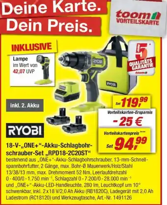 toom Baumarkt RYOBI 18-V-,,ONE+"-Akku-Schlagbohr- schrauber-Set,,RPD18-2C20ST" Angebot