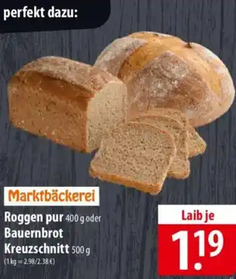 Famila Nord Ost Marktbäckerei Roggen pur oder Bauernbrot Kreuzschnitt Angebot