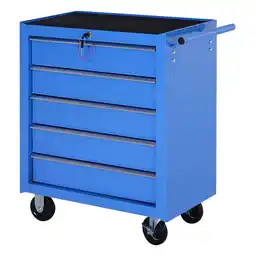 Netto Marken-Discount HOMCOM Fahrbarer Werkstattwagen mit 5 Schubladen blau 67,5 x 33 x 77 cm (BxTxH ohne Räder) Angebot