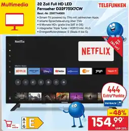 Netto Marken-Discount 32 Zoll Full HD LED Fernseher D32F751X7CW TELEFUNKEN Angebot