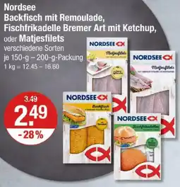 V Markt Nordsee Backfisch mit Remoulade, Fischfrikadelle Bremer Art mit Ketchup, oder Matjesfilets Angebot