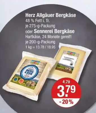 V Markt Herz Allgäuer Bergkäse oder Sennerei Bergkäse Hartkäse Angebot