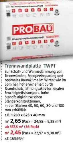 Bauhaus PROBAU Trennwandplatte 'TWP1' Angebot