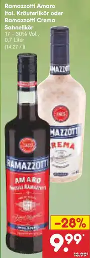 Netto Marken-Discount Ramazzotti Amaro ital. Kräuterlikör oder Ramazzotti Crema Sahnelikör Angebot