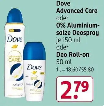 Rossmann Dove Advanced Care oder 0% Aluminium- salze Deospray Angebot