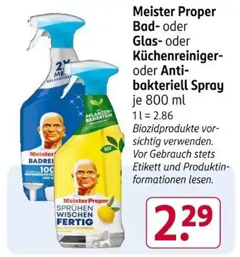 Rossmann Meister Proper Bad- oder Glas- oder Küchenreiniger- oder Anti- bakteriell Spray Angebot