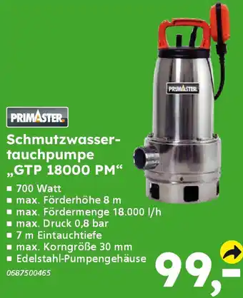 Globus Baumarkt PRIMASTER Schmutzwassertauchpumpe ,,GTP 18000 PM" Angebot