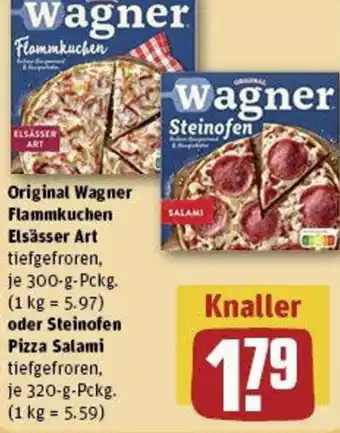 REWE Original Wagner Flammkuchen Elsässer Art oder Steinofen Pizza Salami Angebot