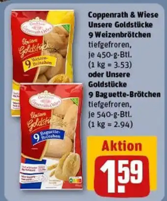 REWE Coppenrath & Wiese Unsere Goldstücke 9 Weizenbrötchen oder Unsere Goldstücke 9 Baguette-Brötchen Angebot