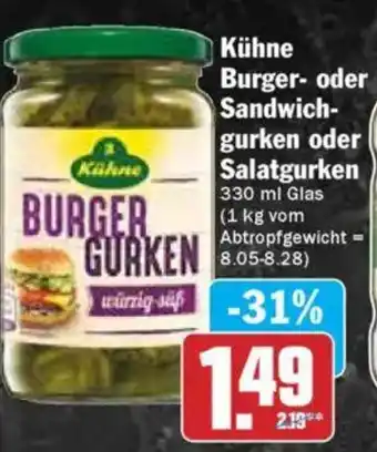 Hit Kühne Burger- oder Sandwich- gurken oder Salatgurken Angebot