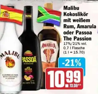 Hit Malibu Kokoslikör mit weißem Rum, Amarula oder Passoa The Passion Angebot