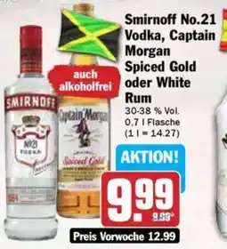 Hit Smirnoff No.21 Vodka, Captain Morgan Spiced Gold oder White Rum Angebot