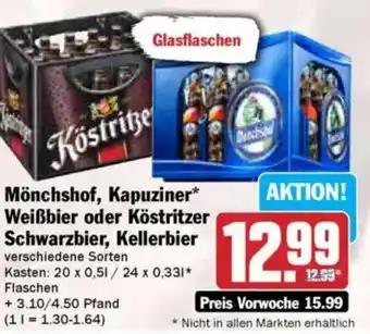 Hit Mönchshof, Kapuziner* Weißbier oder Köstritzer Schwarzbier, Kellerbier Angebot