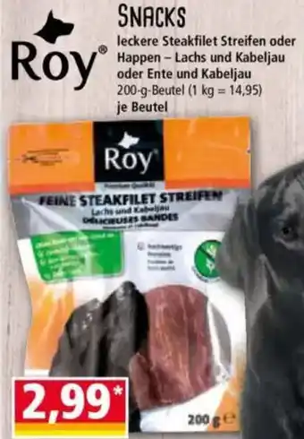 Norma Roy SNACKS leckere Steakfilet Streifen oder Happen - Lachs und Kabeljau oder Ente und Kabeljau Angebot