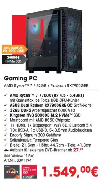 Arlt Gaming PC AMD Ryzen™ 7/32GB / Radeon RX7900GRE AMD Ryzen™ 7 7700X (8x 4,5 - 5,4GHz) mit GameMax Ice Force RGB CPU-Kühler Angebot