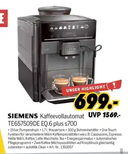 MEDIMAX SIEMENS Kaffeevollautomat UVP 1569.- TE657509DE EQ.6 plus s700 Angebot