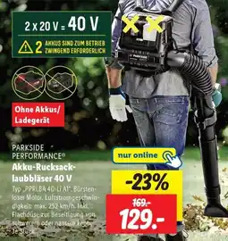 Lidl PARKSIDE Akku-Rucksack- laubbläser 40 V Angebot