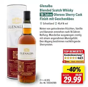 Lidl Glenalba Blended Scotch Whisky 18 Jahre Oloroso Sherry Cask Finish mit Geschenkbox Angebot