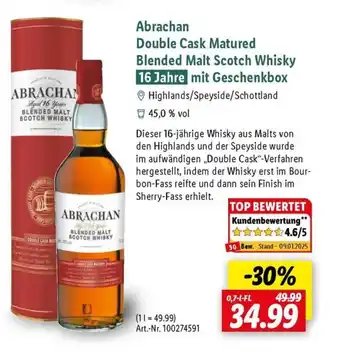 Lidl Abrachan Double Cask Matured Blended Malt Scotch Whisky 16 Jahre mit Geschenkbox Highlands/Speyside/Schottland Angebot