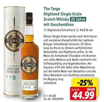 Lidl The Targe Highland Single Grain Scotch Whisky 25 Jahre mit Geschenkbox Angebot